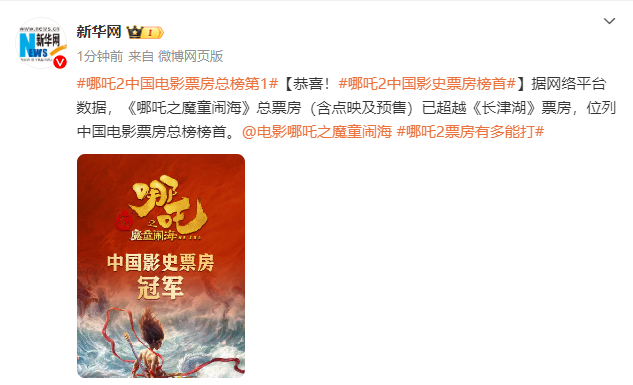 《哪吒2》登顶中国电影票房冠军！总制片人是湖南妹子